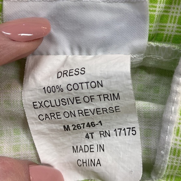 Bonnie Jean Sleeveless Square Neck Green Checkered Cotton Dress Pink Ribbon Trim - Picture 9 of 10